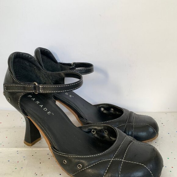 Parade VTG Y2K Black Leather Mary Jane d'Orsay Heels White Contrast Stitching 9 - Picture 14 of 16